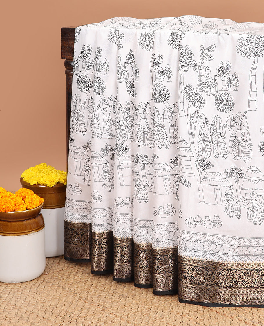 White and black all over madhubani printed dola silk saree with contrat gold zari jacquard design & printed pallu along with small buuta blouse