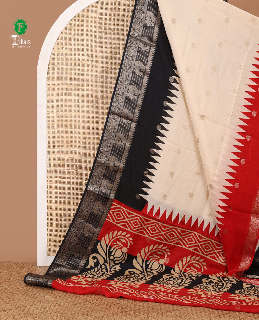 Cream with black small peacock butta muslin cotton saree with annam, temple border & ikkat design pallu along with zari motifs blouse