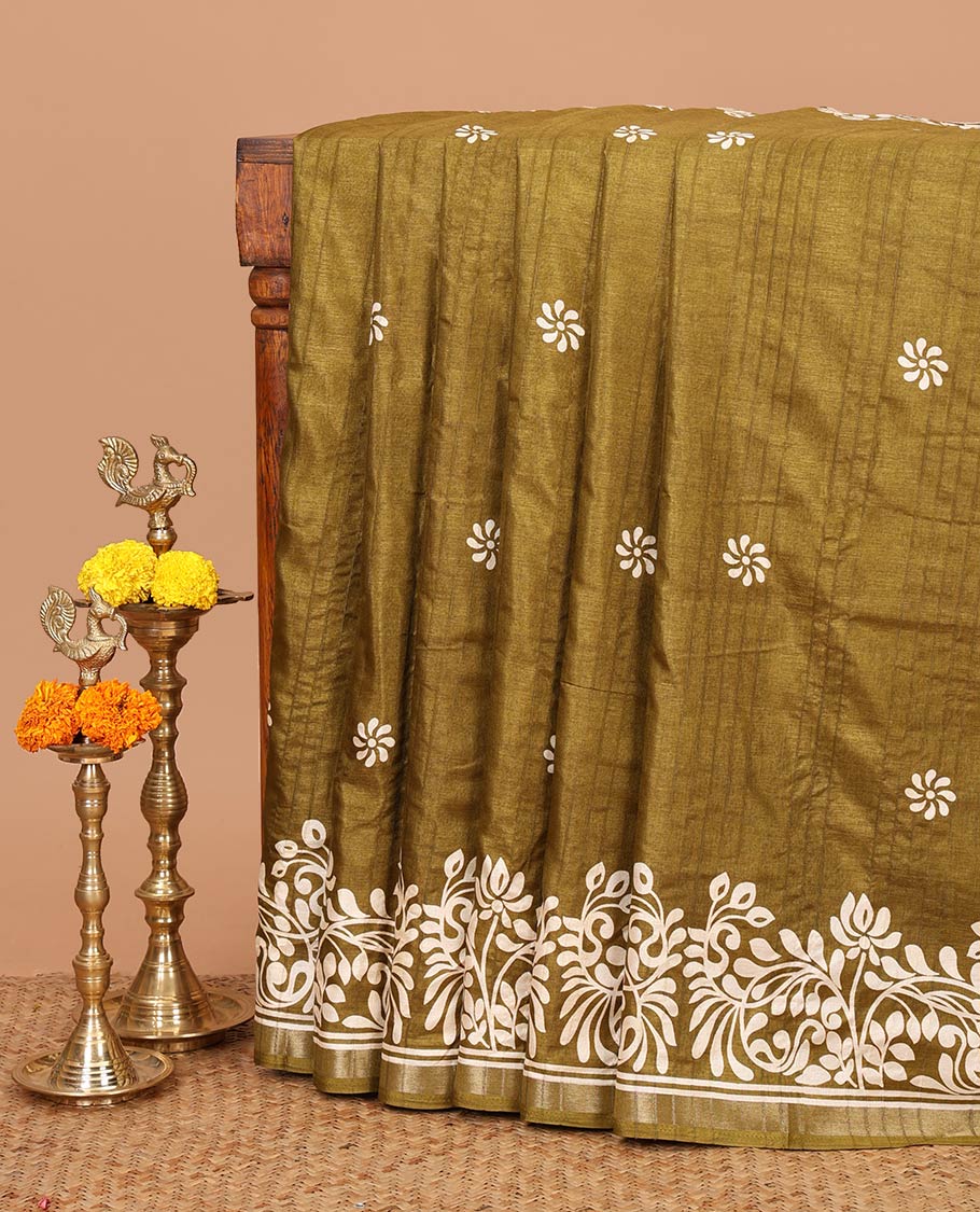 Olive green batik-style floral butta printed Malgudi silk saree, batik floral design printed piping zari border & floral printed pallu