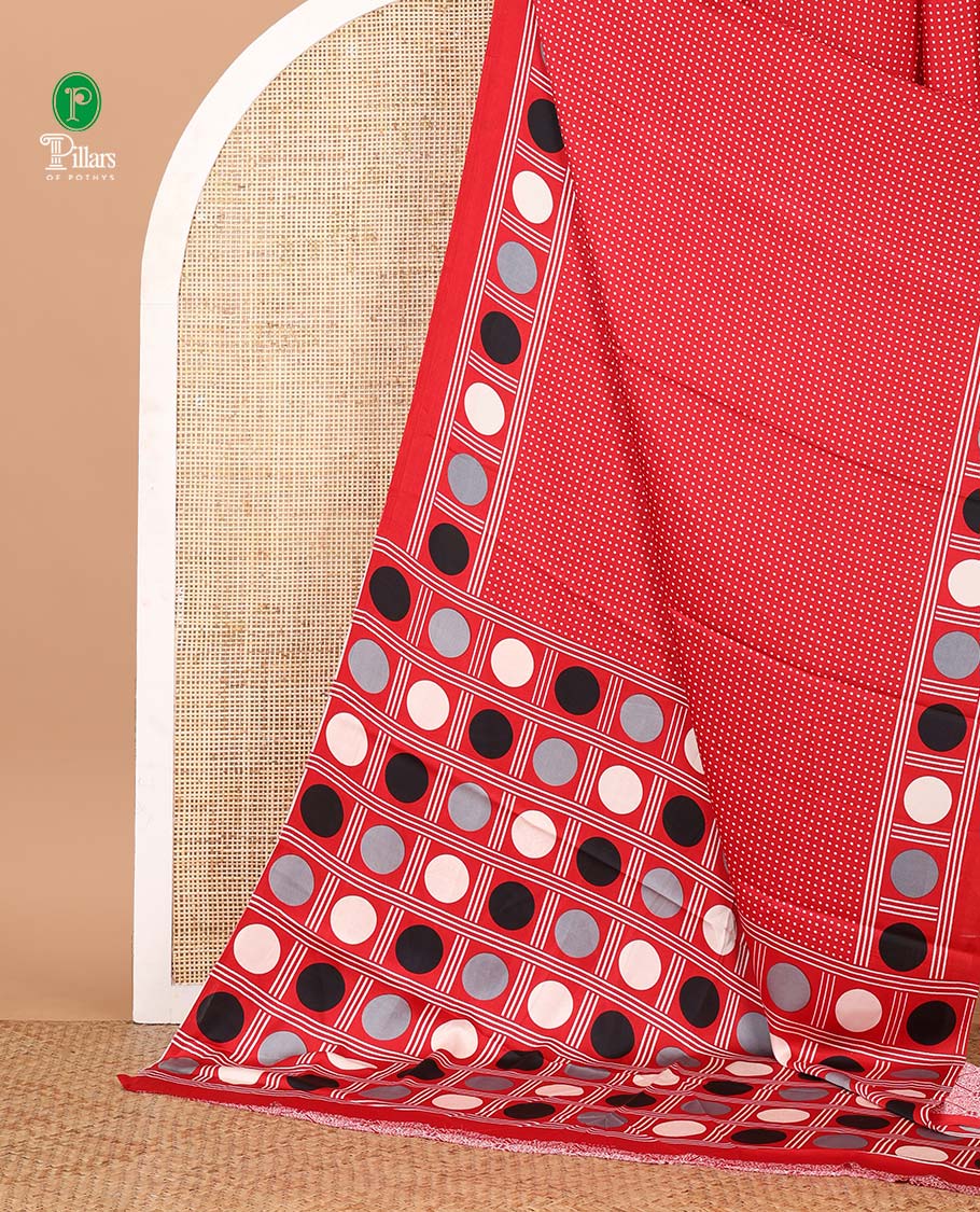 Red small polka dots printed gajji silk saree with self-border & pallu printed with a dot enclosed checks, blouse with intricate motif print