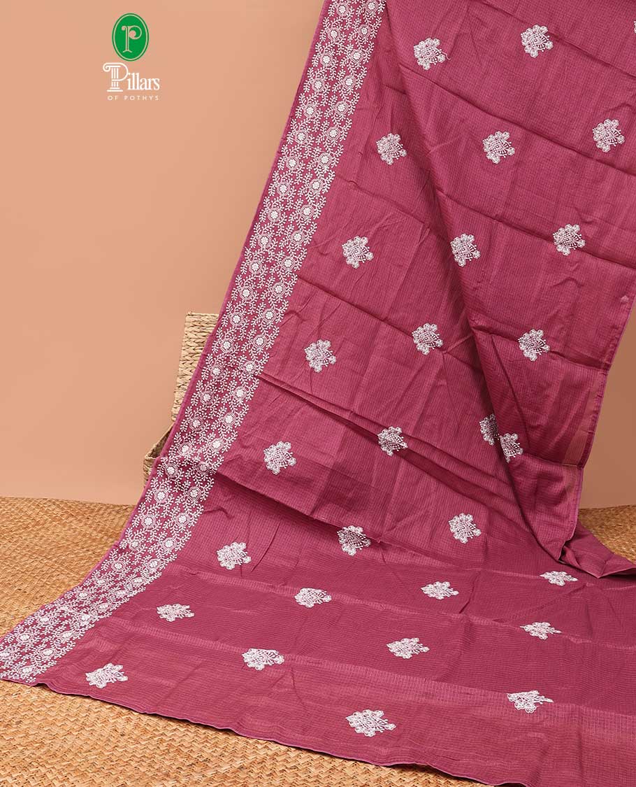 Onion pink allover lucknowi chikankari design kotta checks saree with running blouse