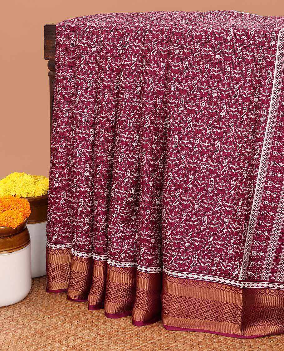 Wine all-over vareli print, sequence line dola silk saree with contrast copper thread gatti border & small butti design print blouse
