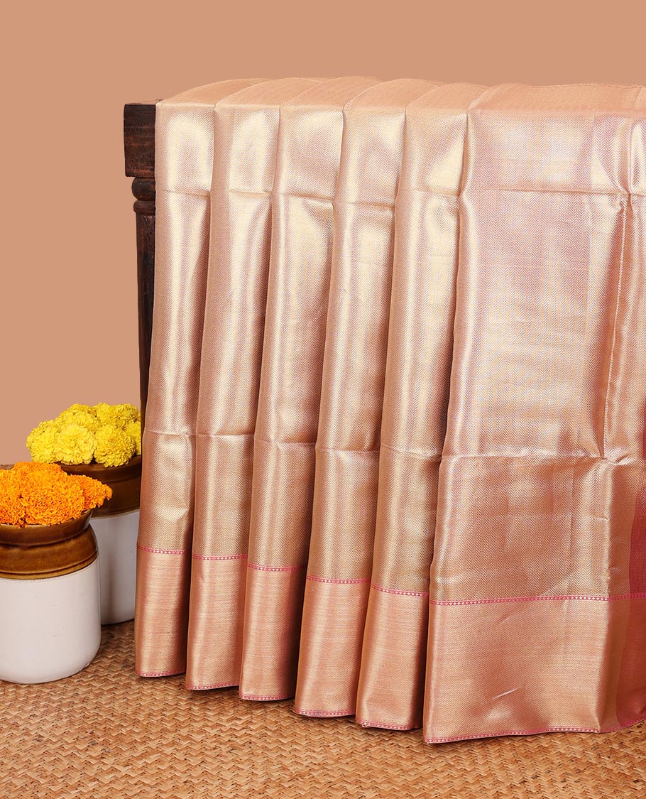 Copper color copper with pink zari tissue saree with light pink contrast border & pink copper brocade blouse