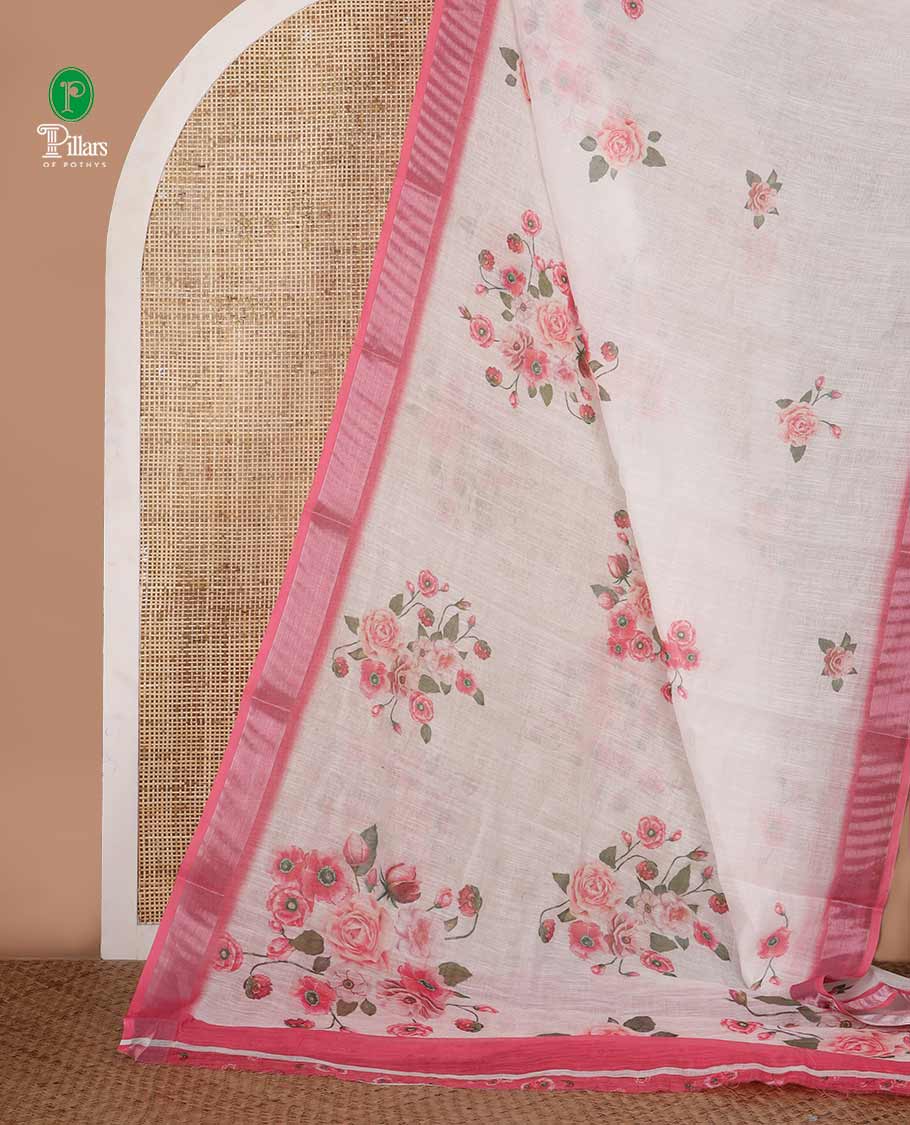 White rose floral printed linen saree, contrast silver bavanji border, floral printed pallu & floral printed brown blouse