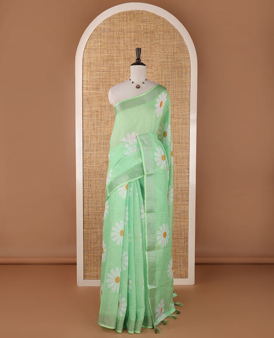 Sea green sunflower motif printed linen saree, silver zari plain border & small sunflower motif print blouse