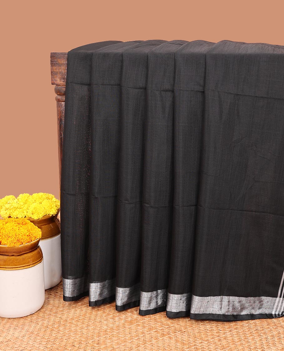Black linen saree with self-border & striped pallu