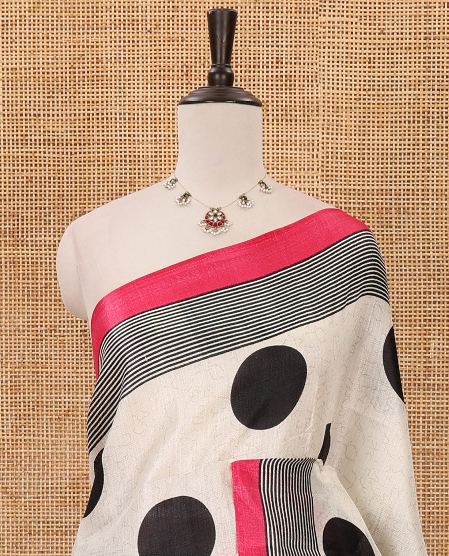 Cream polka dot printed khadi cotton saree, contrast piping border with stripes print, stripes printed pallu & pink stripes printed blouse