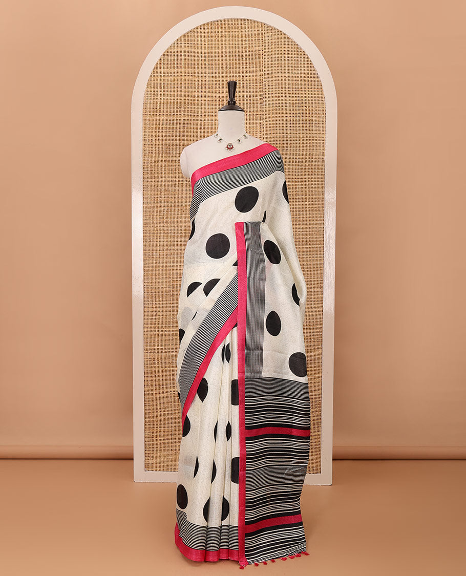 Cream polka dot printed khadi cotton saree, contrast piping border with stripes print, stripes printed pallu & pink stripes printed blouse