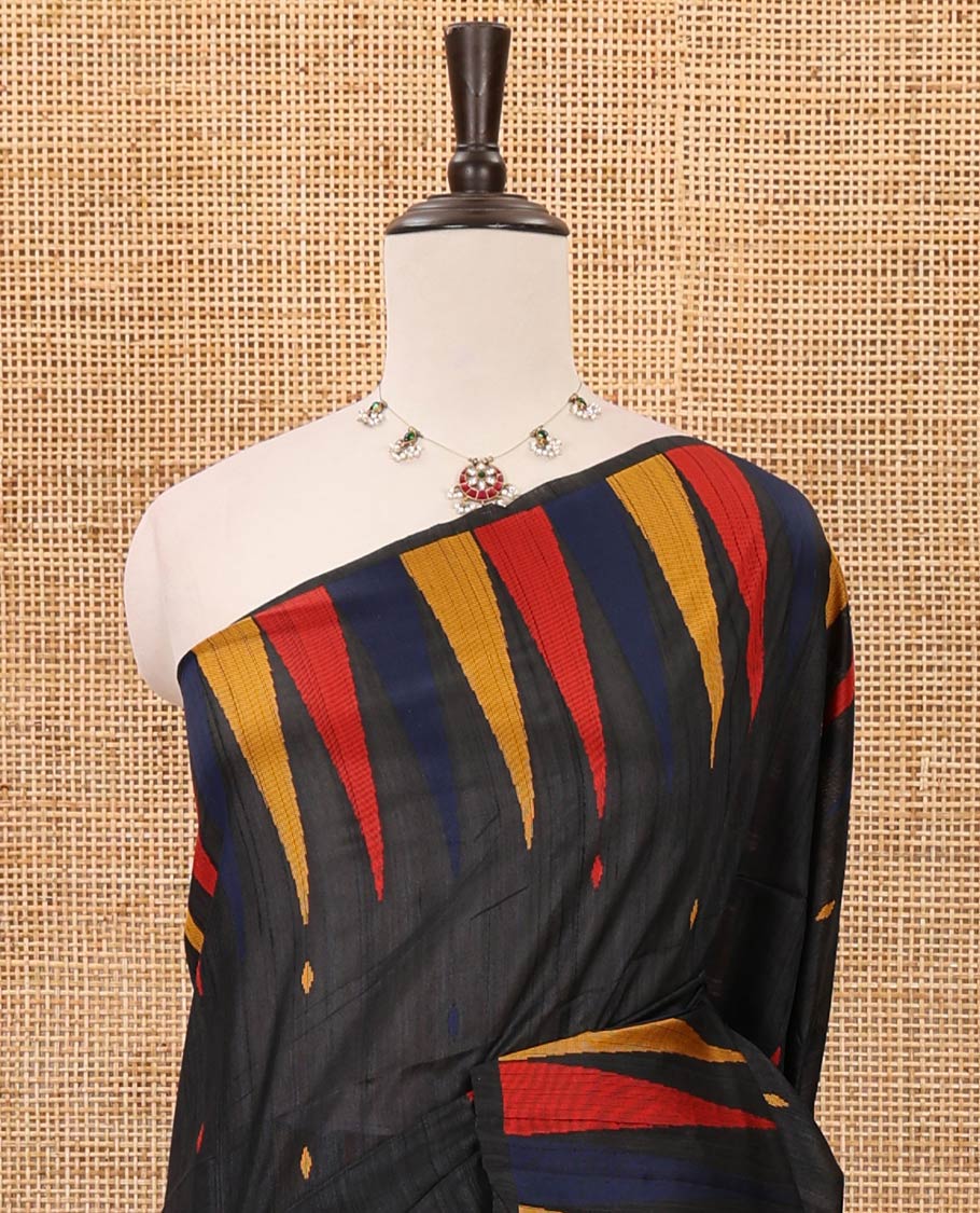 Black thread buttas banarasi jute cotton saree, temple border, pallu steeped with multi-color stripes & thread weave blouse