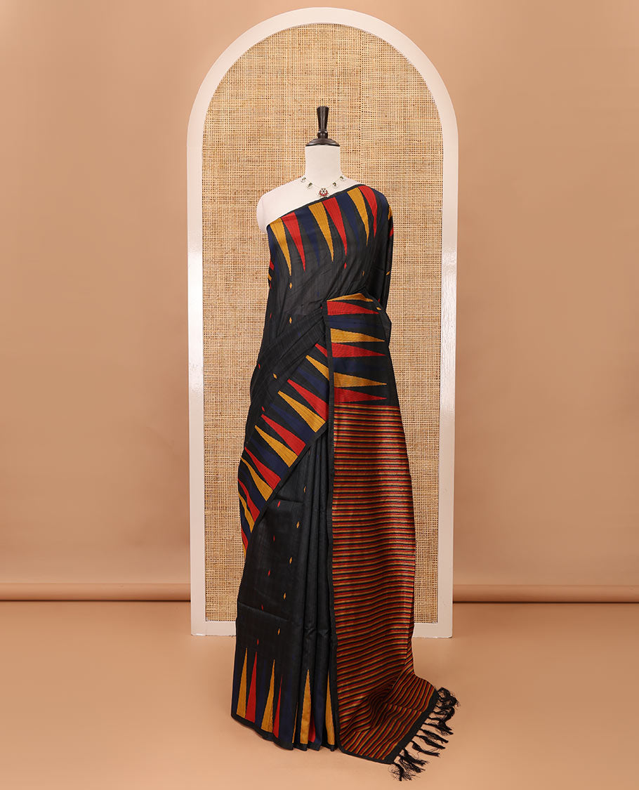 Black thread buttas banarasi jute cotton saree, temple border, pallu steeped with multi-color stripes & thread weave blouse