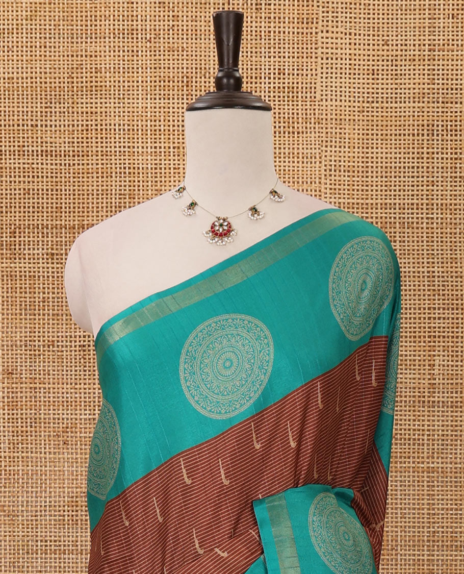 Brown horizontal stripes & muniya buttas katan silk saree, contrast chakram butta border, weaving-style print pallu & contrast print blouse