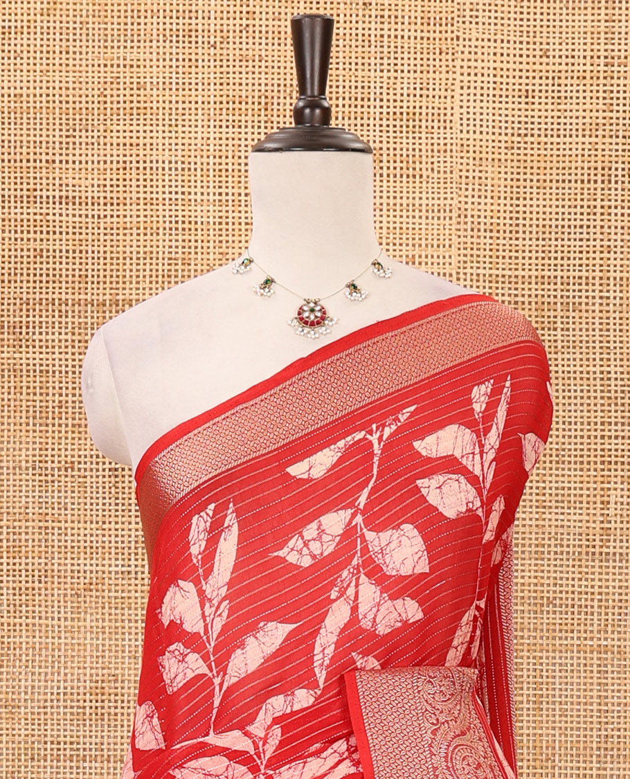 Red dotted striped & batik leaf printed viscose georgette saree, traditional design zari border, intricate pallu & blouse of print & zari work