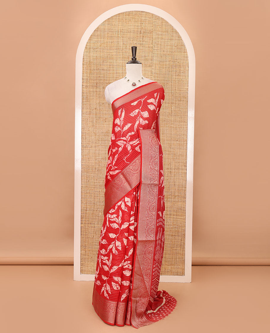 Red dotted striped & batik leaf printed viscose georgette saree, traditional design zari border, intricate pallu & blouse of print & zari work