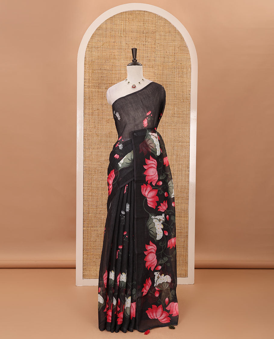 Borderless black Pichwai cow & lotus motifs printed linen saree, pallu of Pichwai cow & lotus print & matching lotus print blouse