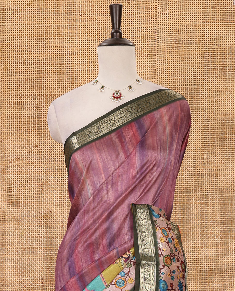 Onion pink tie-dye & human motifs enclosed arcs printed semi-tussar saree,contrast traditional zari rettai pettu floral print border, print pallu & contrast blouse