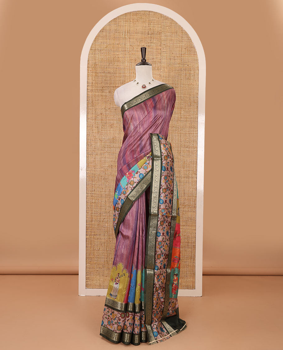 Onion pink tie-dye & human motifs enclosed arcs printed semi-tussar saree,contrast traditional zari rettai pettu floral print border, print pallu & contrast blouse
