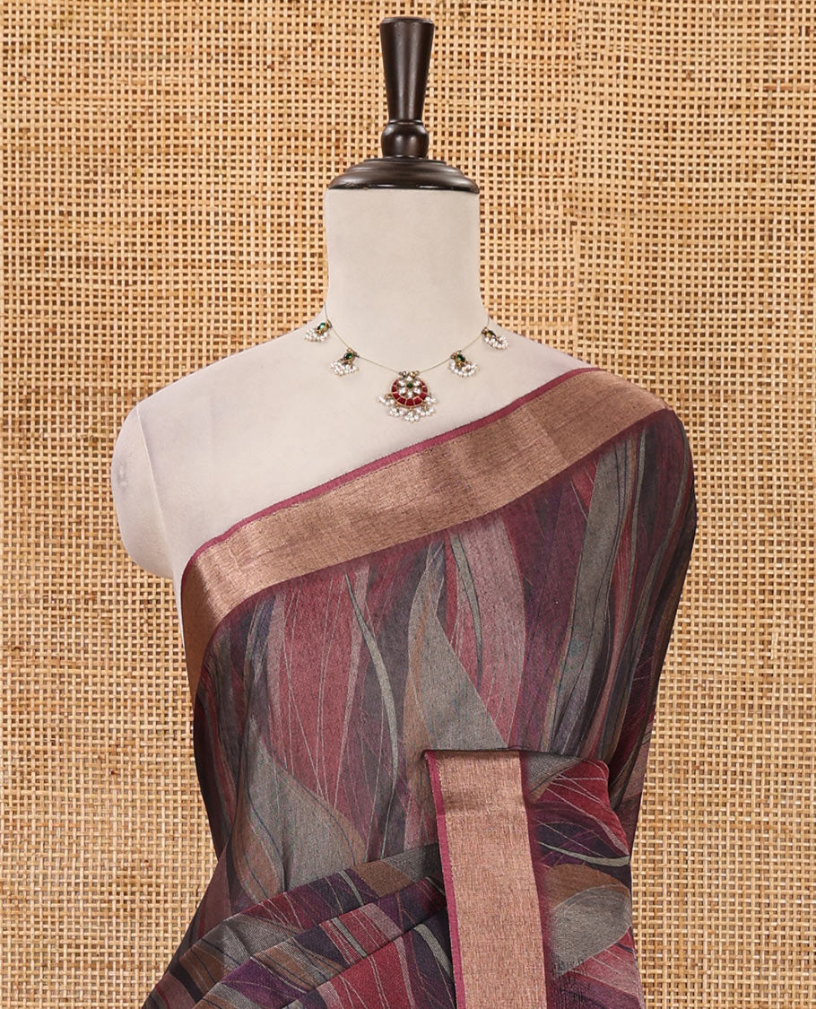 Purple-base multi-color abstract printed black spun linen saree, zari piping border, floral printed pallu & geometric printed blouse