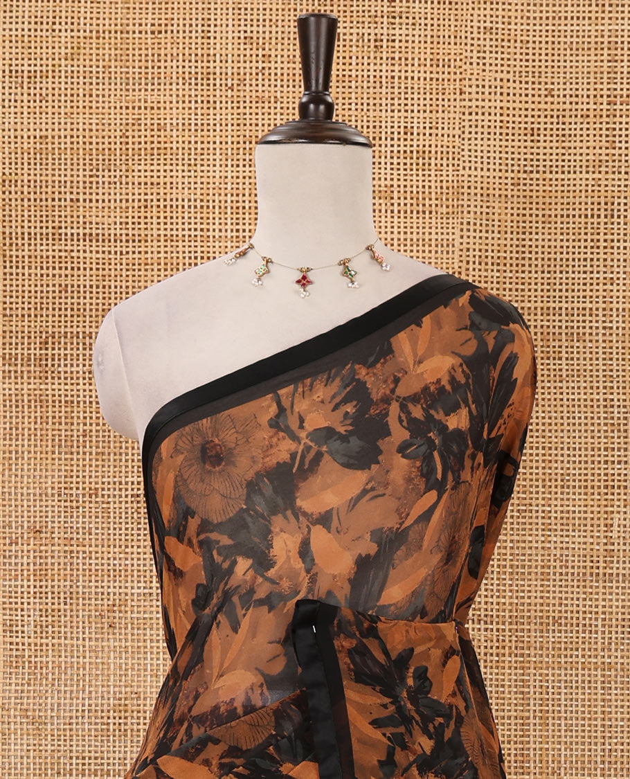 Black-rust floral digital printed georgette saree, satin lace plain border & black plain blouse