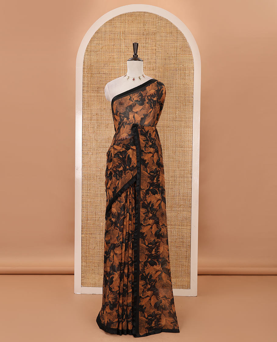 Black-rust floral digital printed georgette saree, satin lace plain border & black plain blouse