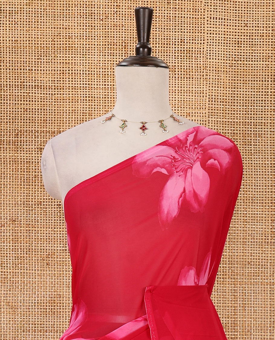 Borderless rani pink big floral motifs printed georgette saree with contrast printed blouse