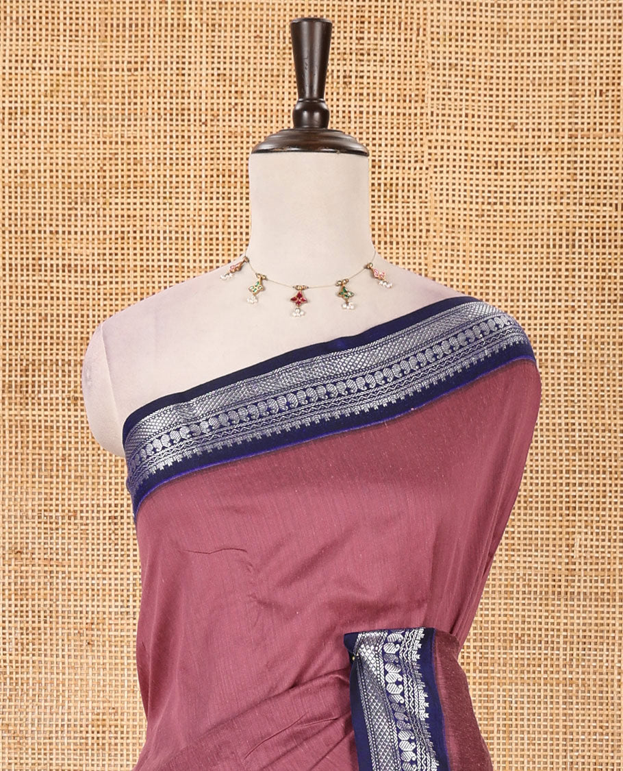 Onion pink full-plain Kalyani cotton saree, contrast traditional zari design border, zari design steeped pallu & contrast plain blouse