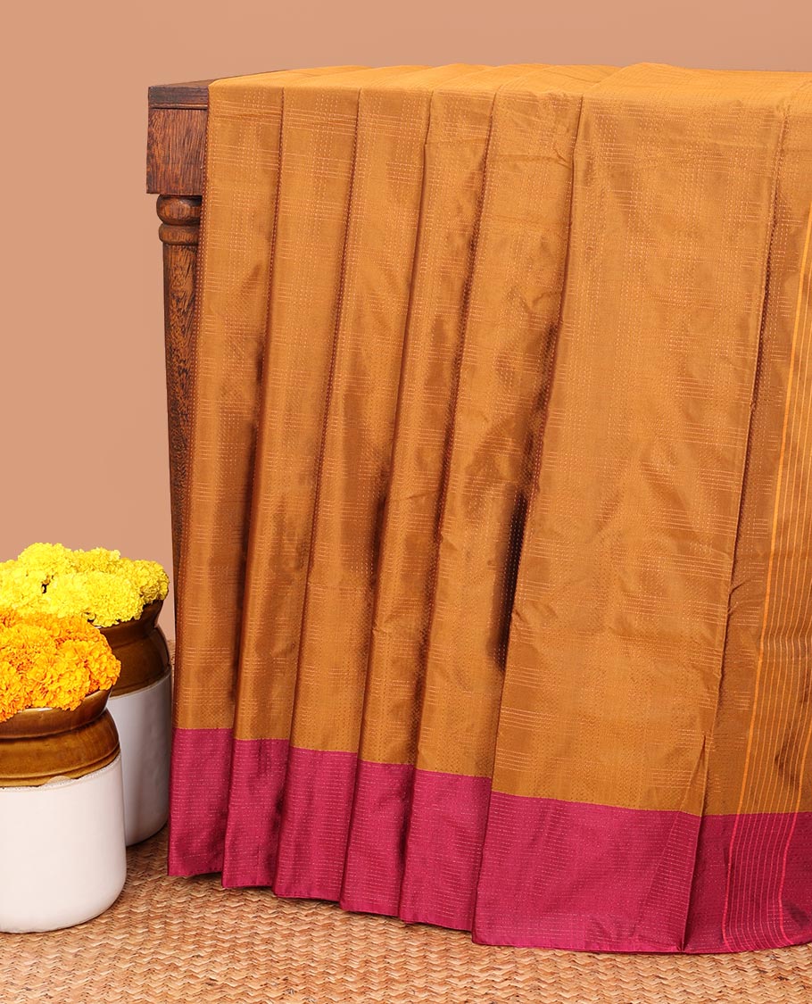 Mustard copper zari checks bhavishna silk saree contrast line zari border & contrat blouse