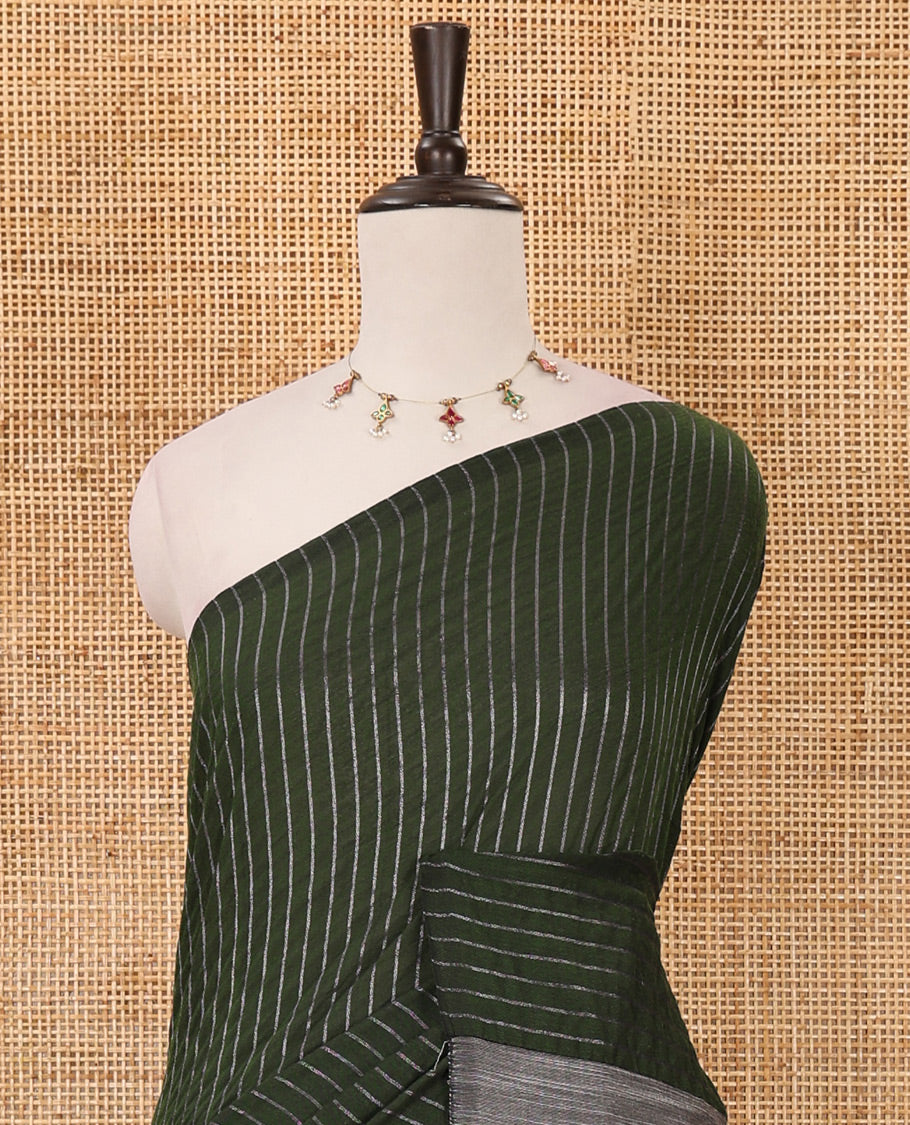 Borderless green vertically striped khadi cotton saree, contrast grey plain pallu & matching plain blouse