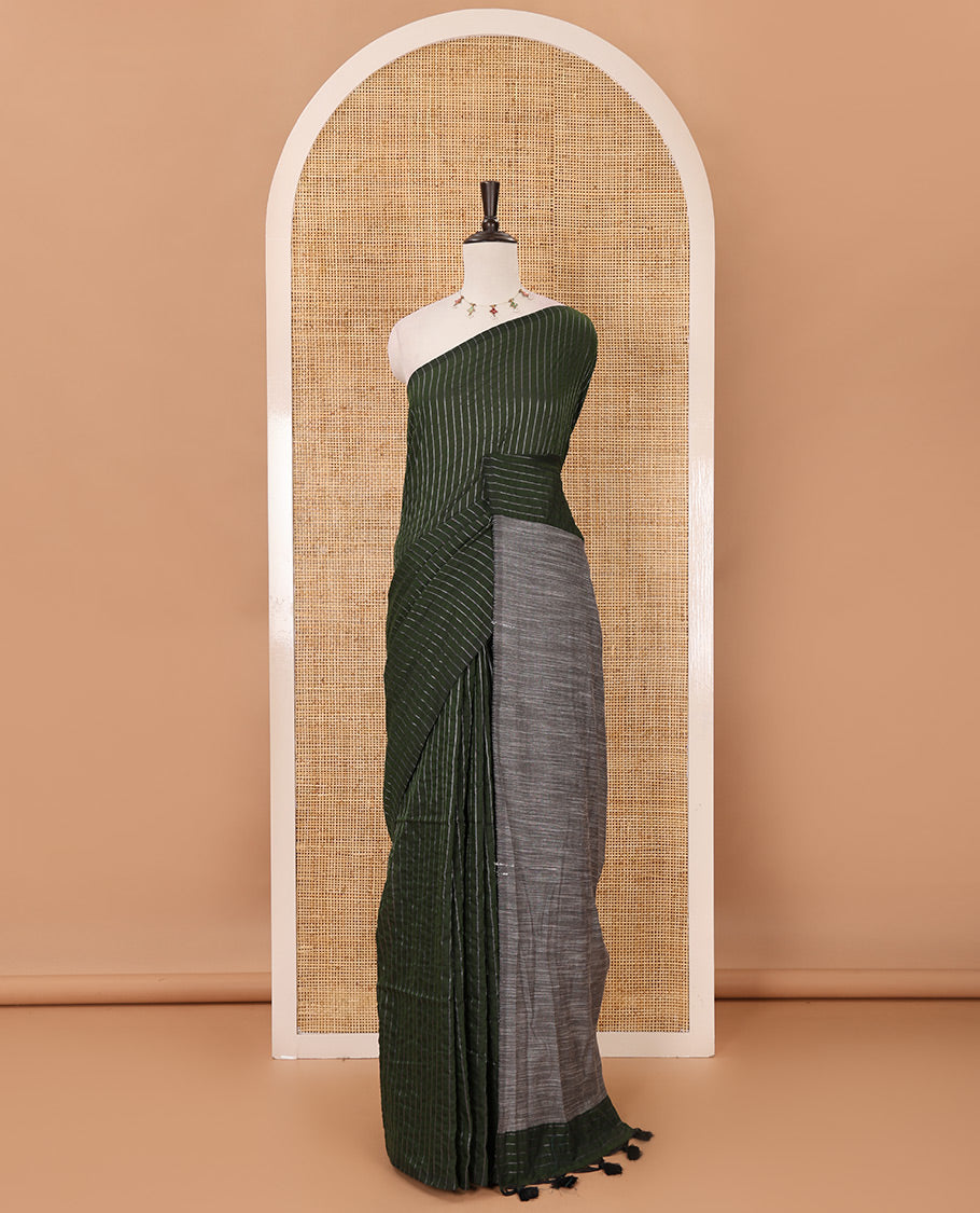 Borderless green vertically striped khadi cotton saree, contrast grey plain pallu & matching plain blouse