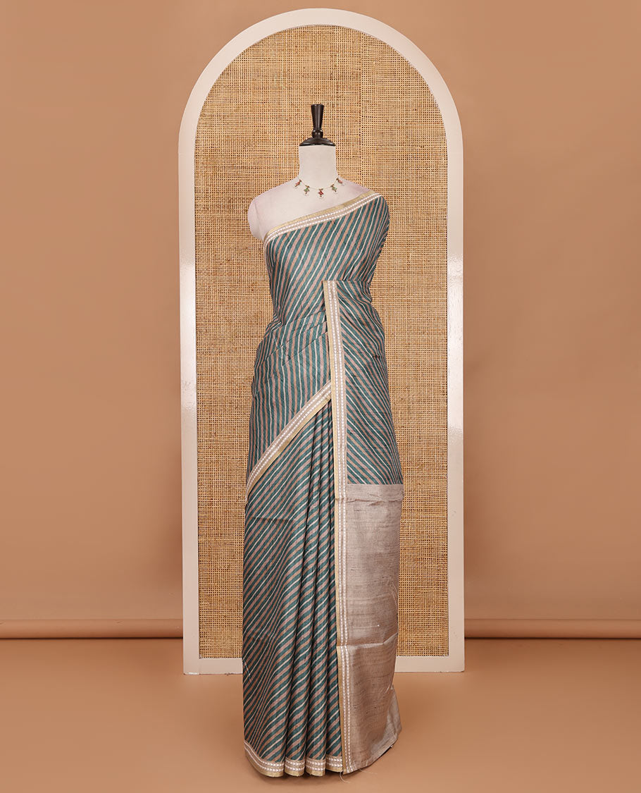 Rama green lehariya-style striped semi-tussar saree, contrast resham thread triangle motifs border, diamond printed pallu & contrast printed blouse