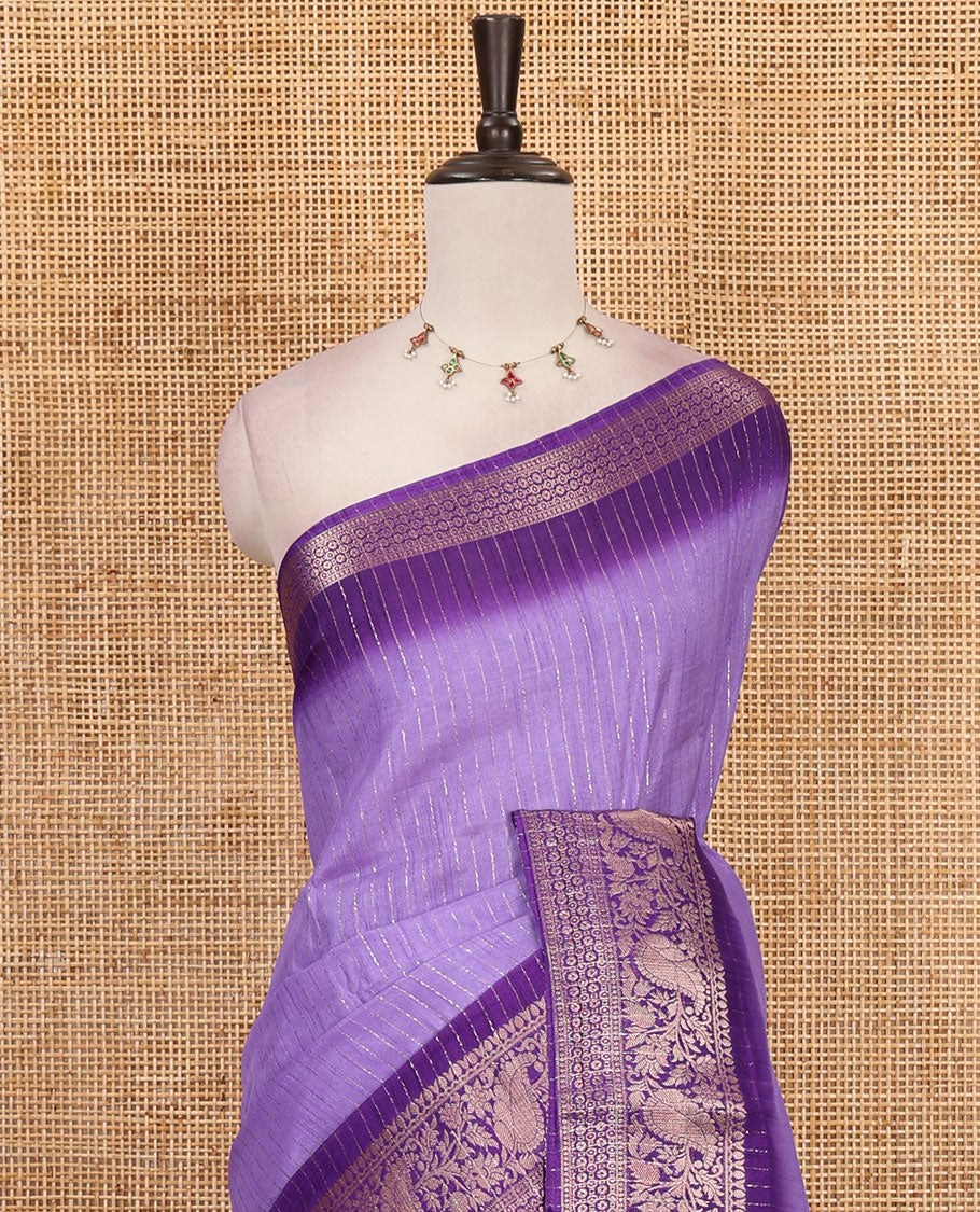 Lavender gold zari vertical striped dola silk saree, contrast traditional zari border of manga design, striped pallu & contrast diamond design blouse