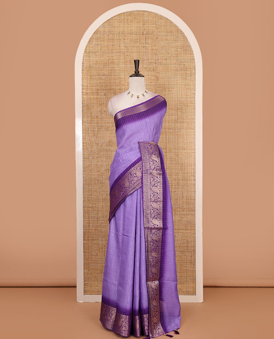 Lavender gold zari vertical striped dola silk saree, contrast traditional zari border of manga design, striped pallu & contrast diamond design blouse