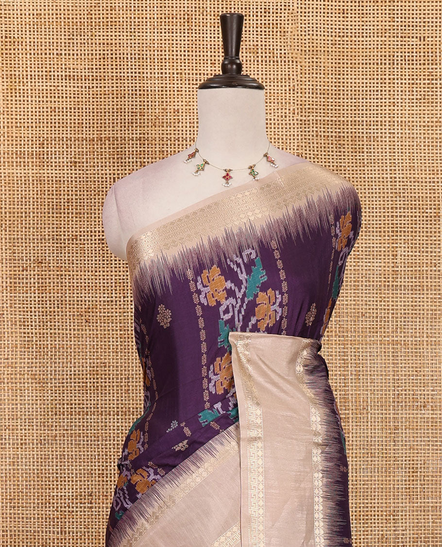 Purple Jamdani-style floral printed katan silk saree, contrast bentex border, geometric printed pallu, and contact printed blouse