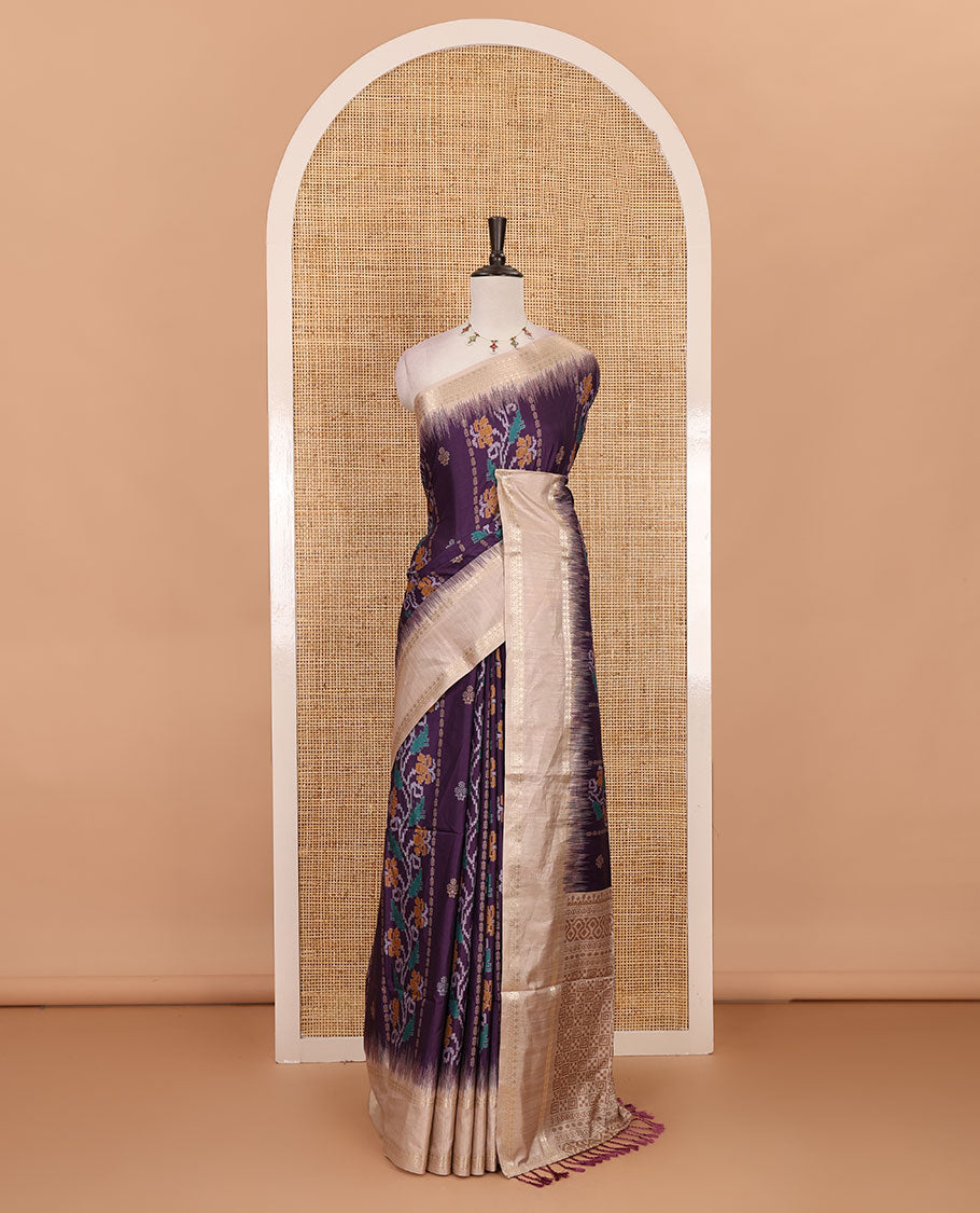 Purple Jamdani-style floral printed katan silk saree, contrast bentex border, geometric printed pallu, and contact printed blouse