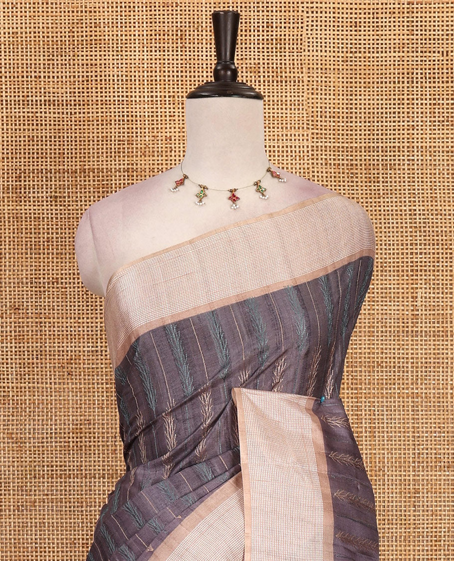 Grey floral vines thread embroidered Tussar saree, contrast Thread border, plain pallu, and contrast blouse