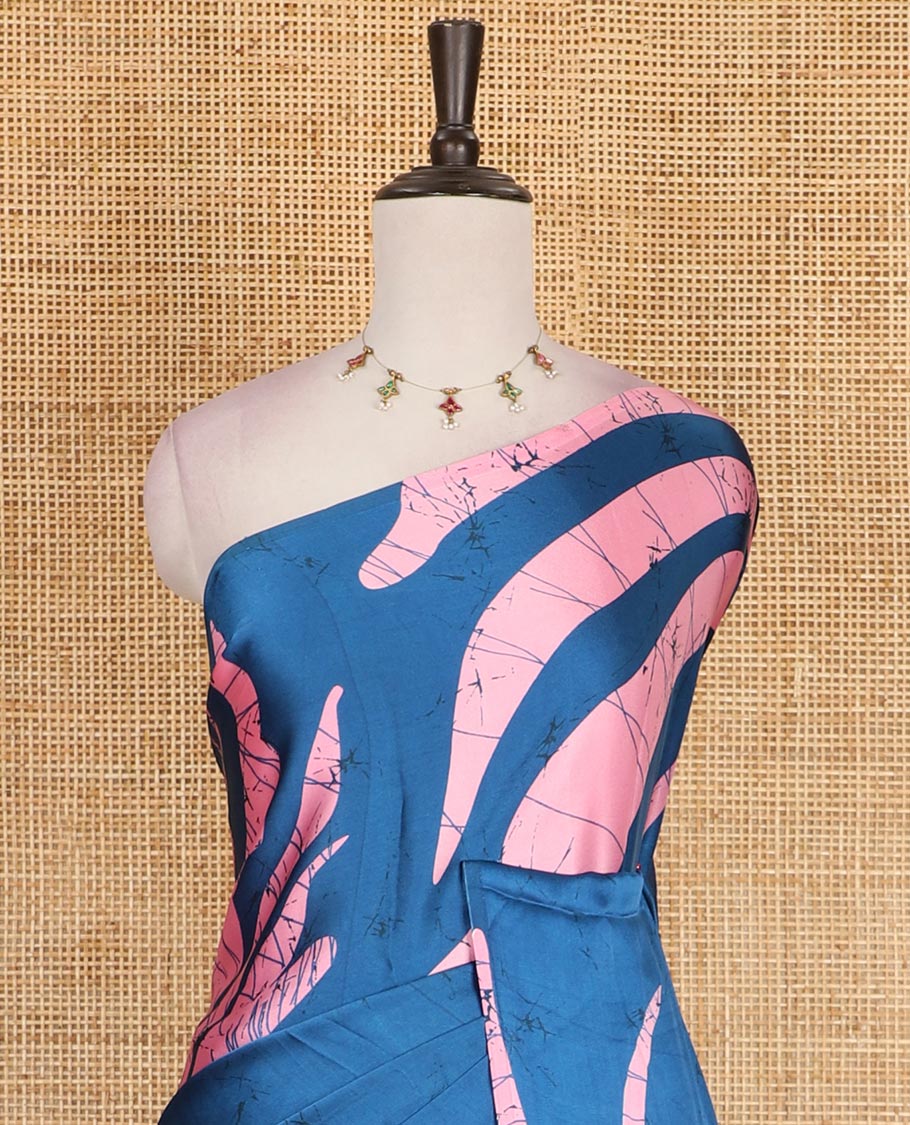 Borderless blue abstract style vines batik printed Gajji silk saree, printed pallu, and plain blouse