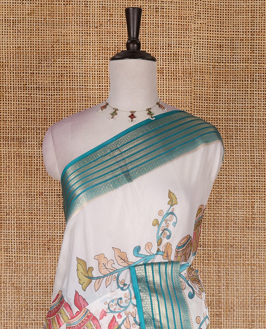 Half-white kalamkari style colorful printed art Mysore silk saree, contrast traditional zari border, zari striped pallu, and contrast plain blouse