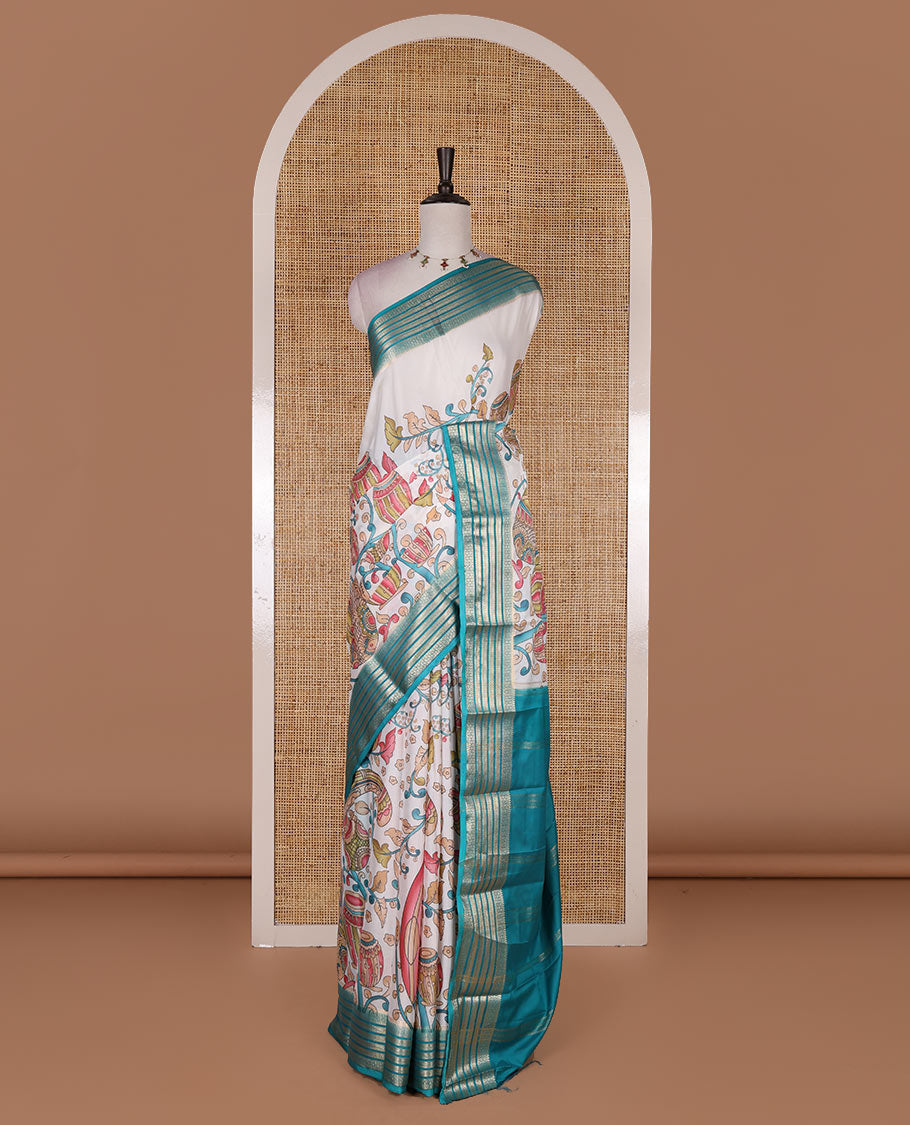 Half-white kalamkari style colorful printed art Mysore silk saree, contrast traditional zari border, zari striped pallu, and contrast plain blouse