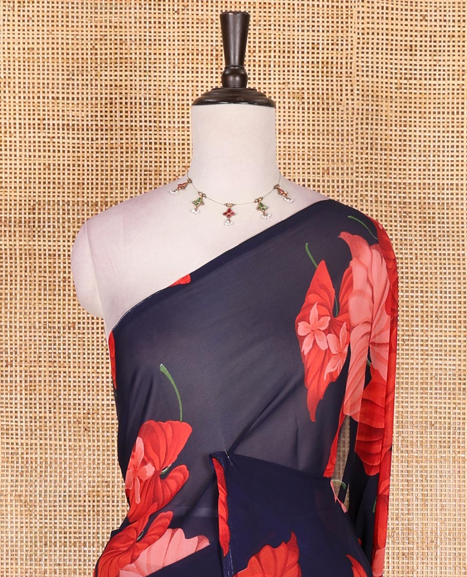 Borderless navy blue leaf and floral motifs digitally printed georgette saree, contrast negative printed blouse
