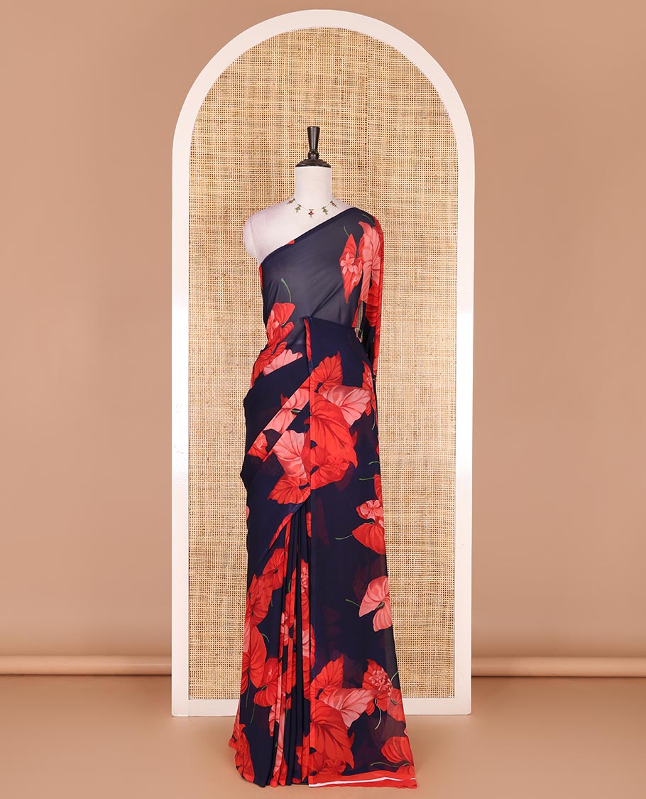 Borderless navy blue leaf and floral motifs digitally printed georgette saree, contrast negative printed blouse