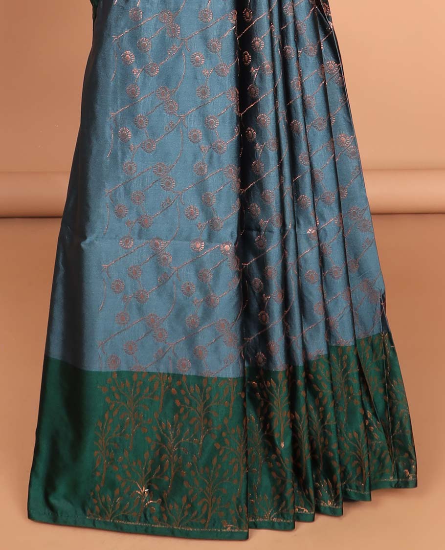 Grey with bottle green all-over zari jaal weaving luxury soft silk saree with contrast korvai border & contrast heavy rich pallu with tussels, contrast plain blouse