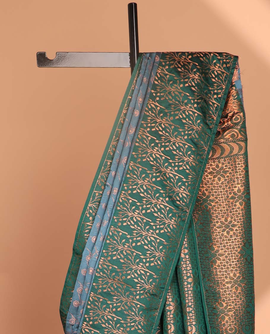 Grey with bottle green all-over zari jaal weaving luxury soft silk saree with contrast korvai border & contrast heavy rich pallu with tussels, contrast plain blouse