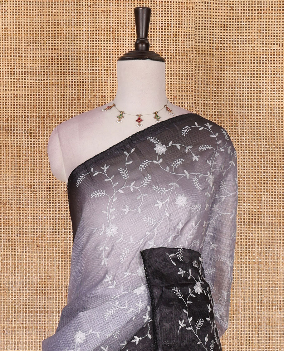 Grey-black floral vine chickankari embroidered kota chex saree, lace border, floral vine chickankari embroidered pallu, and contrast plain blouse