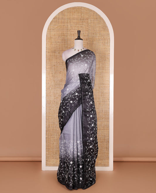 Grey-black floral vine chickankari embroidered kota chex saree, lace border, floral vine chickankari embroidered pallu, and contrast plain blouse