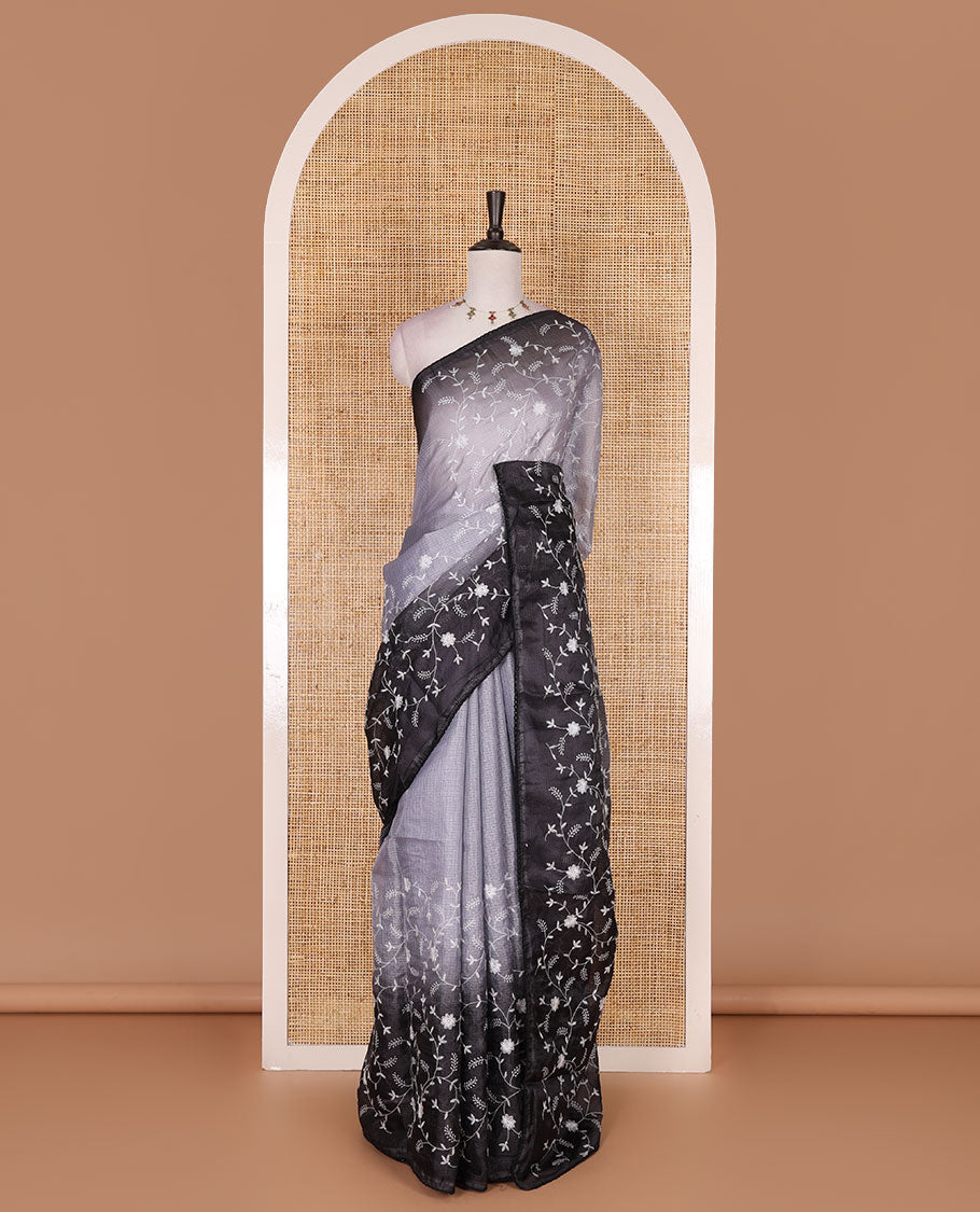 Grey-black floral vine chickankari embroidered kota chex saree, lace border, floral vine chickankari embroidered pallu, and contrast plain blouse