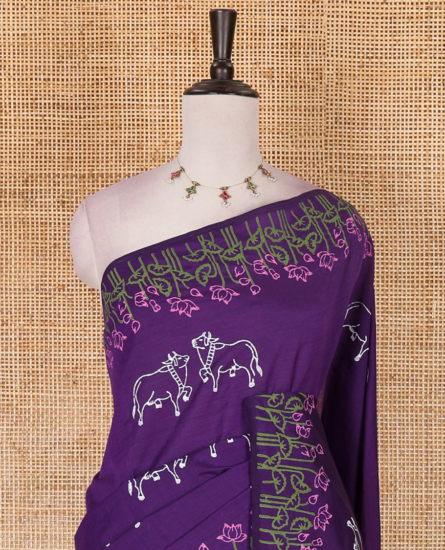 Borderless violet camel motifs and geometric patterns, handblock printed poly cotton saree, handblock printed pallu, and contrast printed blouse