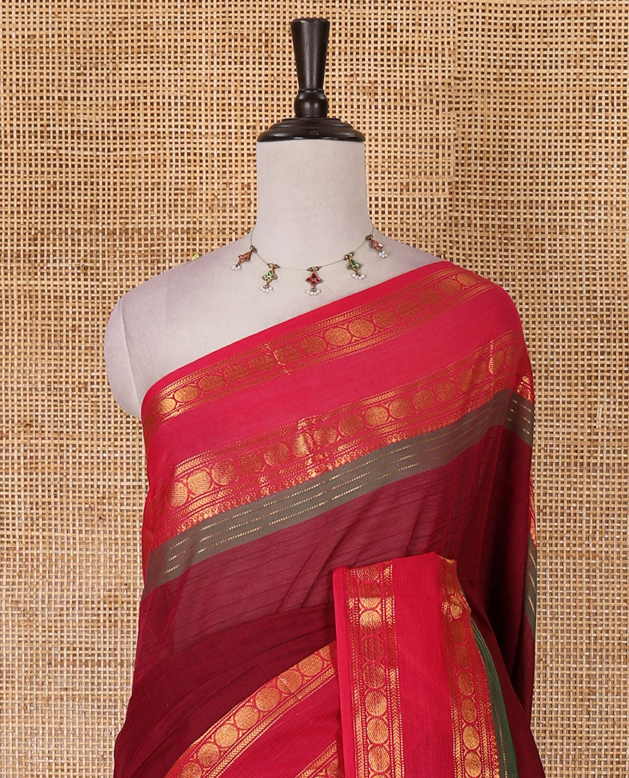 Magenta striped Chettinad cotton saree, contrast rettai rettu rudraksham motif zari border, striped pallu, and matching blouse