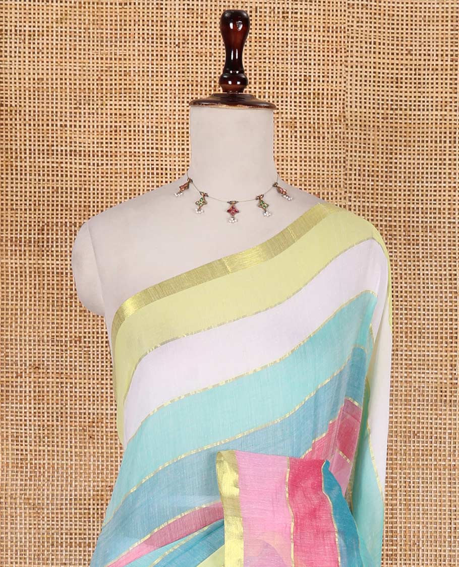 Borderless multi-hue rainbow striped khadi mul cotton saree, self-pallu with multi-hue tassels and a matching blouse