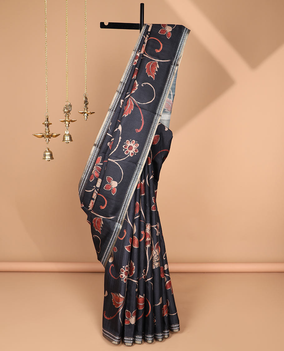 Black digital print semi-tussar saree with gold line border & zari chip pallu