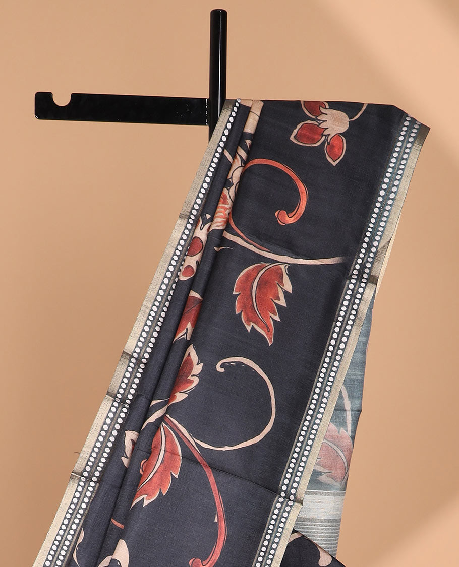 Black digital print semi-tussar saree with gold line border & zari chip pallu