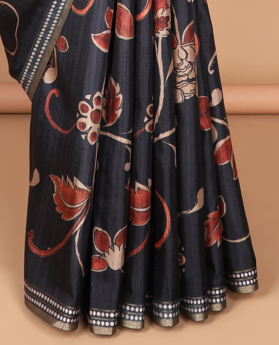 Black digital print semi-tussar saree with gold line border & zari chip pallu